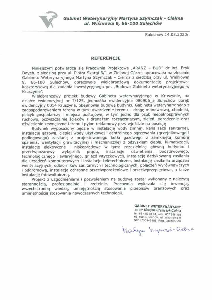 List referencyjny Gabinet Weterynaryjny